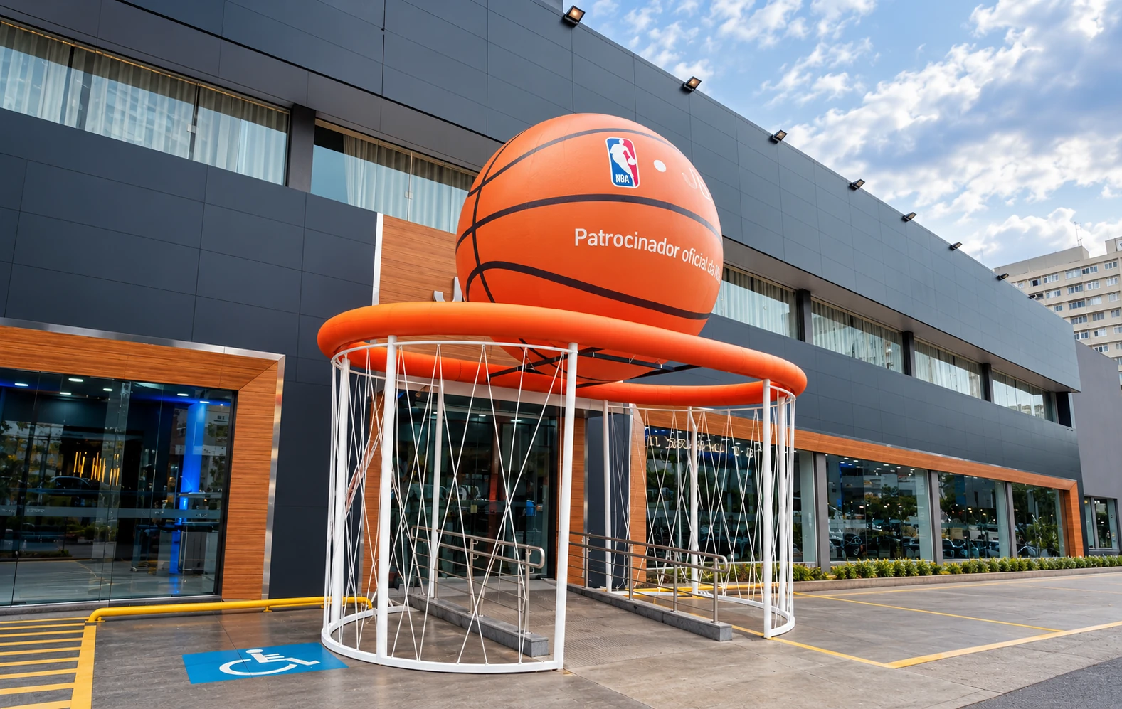 Bola de basquete inflável gigante Jeep — patrocinador oficial da NBA, sobre a cesta instalada na rampa de entrada